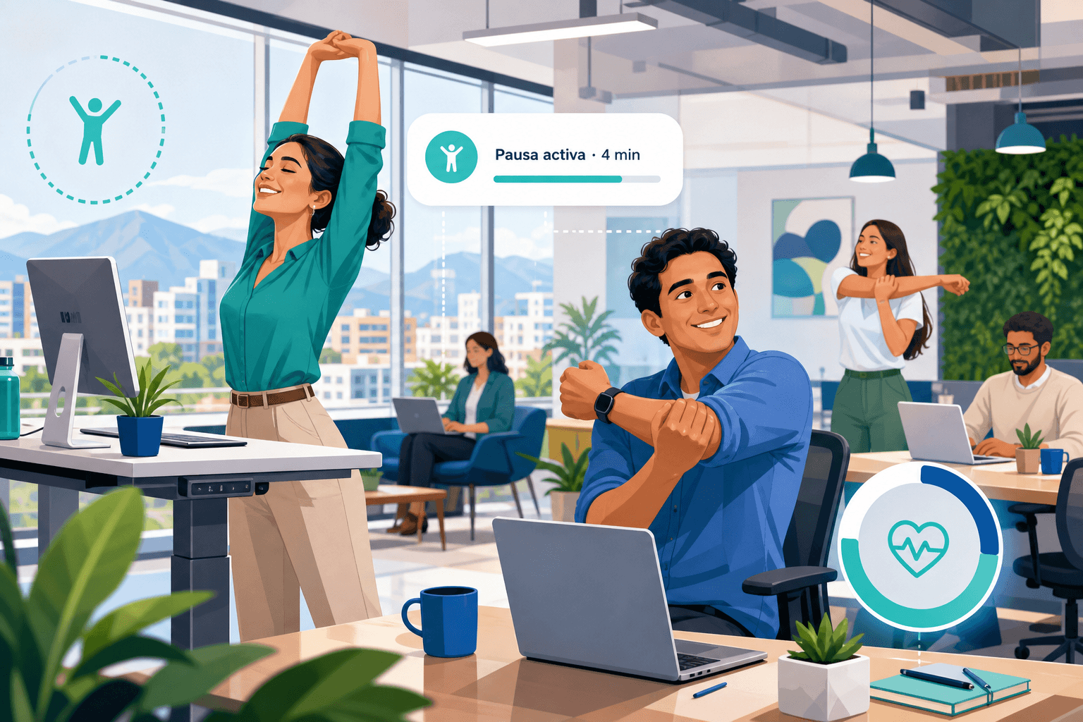 Colaboradores en oficina realizando una pausa activa guiada por MeuDoc